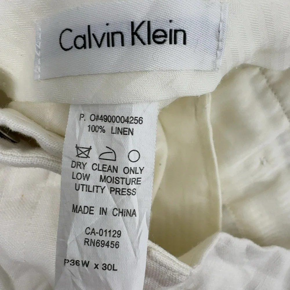 Vintage Calvin Klein Pants Mens 36x30 Cream Linen Flat Front Casual Luxury Style
